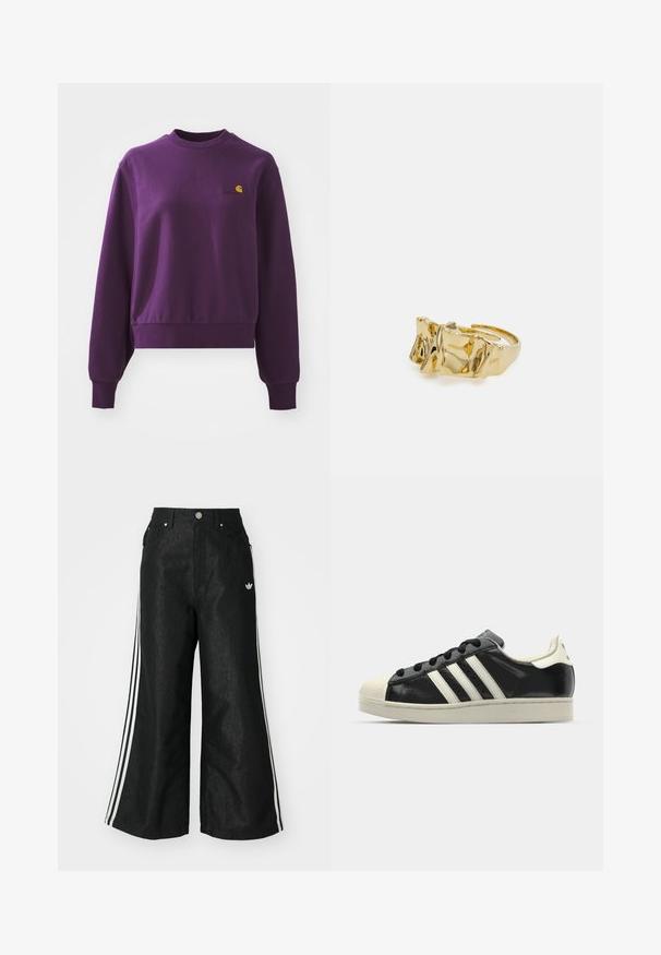 Purple sweatshirt made of cotton, featuring a round neck and ribbed cuffs. It has a small yellow logo on the chest. Cropped design.; Black wide-leg denim pants with three white stripe accents on each side and a small white logo. Features front pockets and a button closure.; Black leather sneaker with white stripes, rubber toe cap, black laces, and a cream-colored outsole. Smooth texture with shiny finish.; Gold ring with textured, wavy design featuring three prominent peaks. Smooth, shiny surface with an open band for adjustable fit.