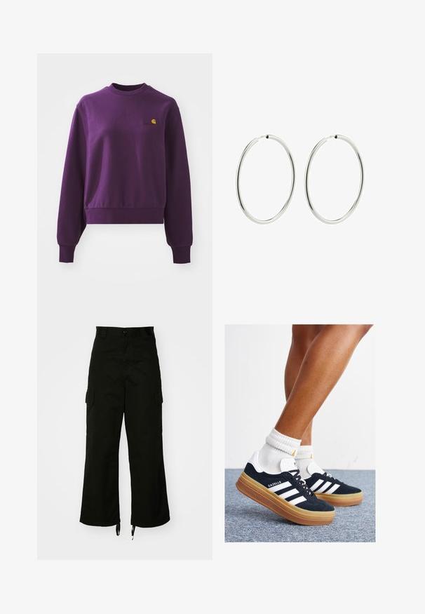 Purple sweatshirt made of cotton, featuring a round neck and ribbed cuffs. It has a small yellow logo on the chest. Cropped design.; Black cargo pants made from cotton, featuring wide legs, side pockets, and drawstring hems. The design includes a button closure at the waist.; Black suede sneakers with white stripes and accents, rounded toe, gum rubber outsole, paired with white ribbed crew socks.; Silver hoop earrings with a smooth, polished finish. Circular shape, consistent width, designed for easy fastening. Simple and elegant.