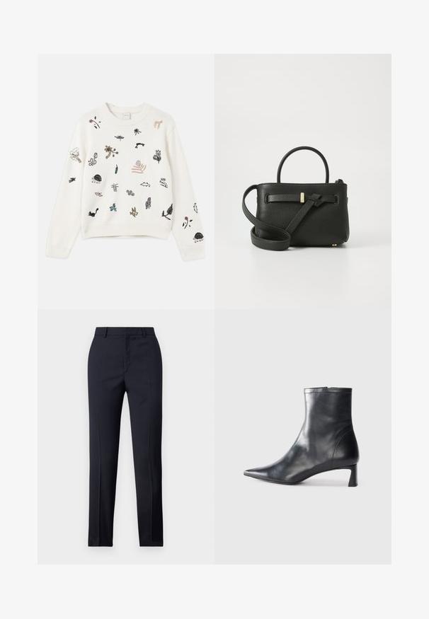 Baltas megztas džemperis su įvairiomis spalvingomis siuvinėtomis gyvūnų ir augalų dizaino detalėmis. Gogo ir apačia su raukšlėmis suteikia tekstūros.; Jūriniai pritaikyti kelnes su tiesiu kirpimu, turinčios lygų paviršių, dvi priekinės kišenės ir švarus liemuo.; Juodas odinis kulkšninis batas su smailiu pirštu ir elegantišku dizainu. Turi žemą kulną ir užtrauktuką gale. Lygi tekstūra.; Juodas odinis rankinė su tekstūruotu paviršiumi, viršutiniais rankenėlėmis ir ilgu reguliuojamu diržu. Priekyje turi auksinės spalvos apdailą.