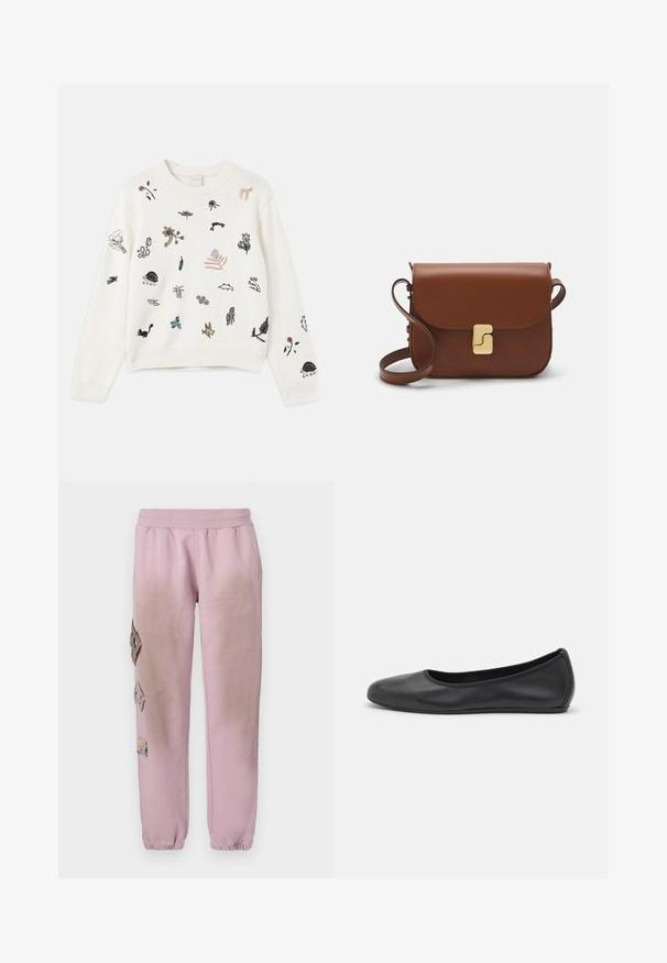 Pulover alb tricotat, cu diverse motive brodate colorate reprezentând animale și plante. Manșetele și tivul ribbate adaugă textură.; Pantaloni de trening roz cu talie elastică, cu petice decorative în formă de diamant pe partea stângă și manșete elastice la glezne.; Balerini din piele neagră, cu vârf rotund, textură netedă, detalii de cusătură minimale și un design al tălpii flexibil.; Geantă de piele maro cu închidere tip capac, accesorii de culoare aurie, curea de umăr și o textură netedă. Formă compactă și rectangulară.