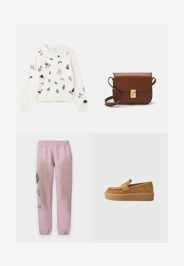 Pull en tricot blanc avec divers motifs brodés colorés d'animaux et de plantes. Les poignets et l'ourlet côtelés ajoutent de la texture.; Pantalon de survêtement rose avec une taille élastique, présentant des patches décoratifs en forme de diamant sur le côté gauche et des poignets élastiques aux chevilles.; Mocassin en daim brun à bout rond, avec une semelle plateforme striée et une bande décorative sur le dessus.; Sac à main en cuir marron avec une fermeture à rabat, des accents en métal doré, une bandoulière et une texture lisse. Forme rectangulaire compacte.