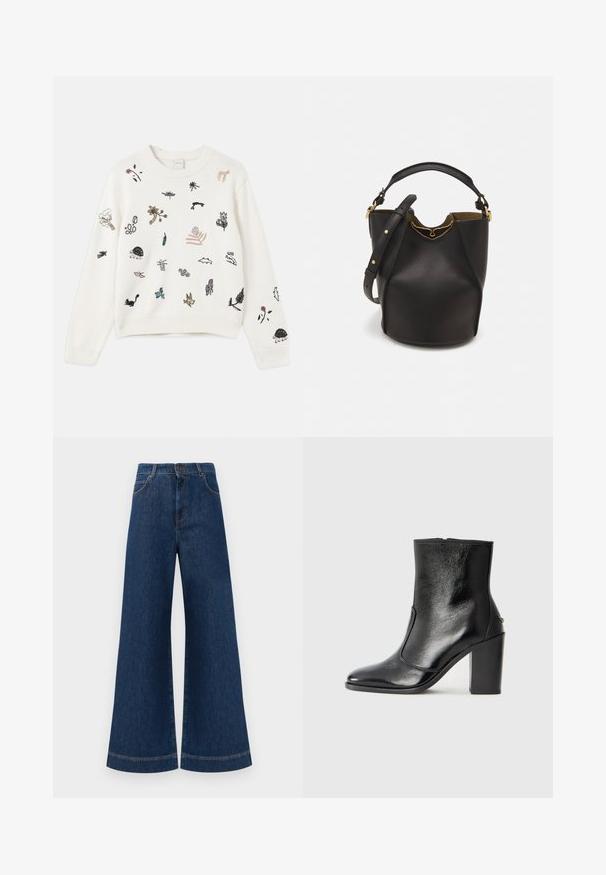 Maglione bianco lavorato a maglia con vari ricami colorati di animali e piante. Le maniche e l'orlo a coste aggiungono texture.; Jeans in denim blu a gamba larga con vita alta, dotati di chiusura a bottone, passanti per cintura e dettagli di cucitura sottili lungo le tasche e i orli.; Stivale alla caviglia in pelle nera, con una superficie liscia, punta affilata e tacco alto e massiccio. Presenta una apertura laterale e un design minimalista.; Borsa a secchiello in pelle nera con finitura testurizzata, dettagli in metallo dorato e apertura superiore. Presenta una maniglia corta e una tracolla regolabile.