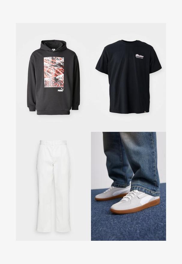 Svart hettegenser med grafisk print som har rød og hvit tekst og mønstre; myk stoff, ribbestrikkede mansjetter og linning.; Svart bomulls t-skjorte med korte ermer, rund hals og en rosa logo på venstre bryst. Har et merke på nederste venstre søm.; Hvite bomullsbukser med rett ben-design, beltehemper og sidelommer, med en jevn tekstur og minimalt med detaljer.; Puma PALERMO UNISEX - Joggesko - white/cool light gray/gold