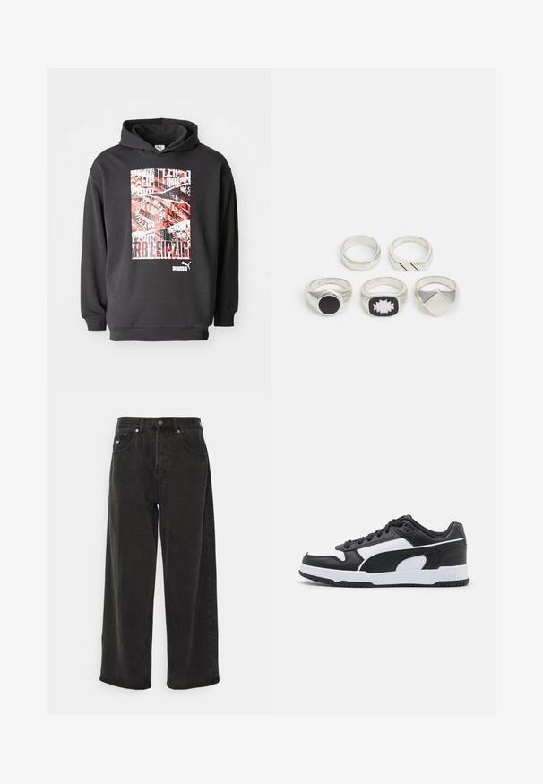 Felpa nera con cappuccio e stampa grafica che presenta testo e motivi rossi e bianchi; tessuto morbido, polsini e orlo a coste.; Confezione di due t-shirt: una nera e una bianca. Entrambe hanno maniche corte e un logo circolare sul petto in un colore a contrasto. Materiale in cotone.; Obey Clothing BIGWIG BAGGY - Jeans baggy - black; Sneaker bianco e nero con tomaia in pelle, dettagli testurizzati, linguetta imbottita, design con lacci e suola in gomma con scanalature.; Cinque anelli d'argento: uno con un dettaglio circolare nero, uno con un motivo geometrico bianco e nero, e altri con diverse forme e finiture.