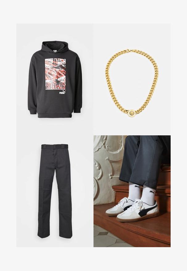 Čierna mikina s kapucňou so grafickým potlačou, ktorá obsahuje červený a biely text a vzory; mäkká textília, rebrované manžety a lem.; Čierne nohavice z odolnej tkaniny, s rovnými nohavicami, pásom s pútkami na opasok a švami pre zvýraznenie textúry.; Tenisky Puma v bielej a čiernej z semišu, s hnedou gumovou podrážkou. Kombinované s bielymi ponožkami s čiernym logom, nosené s tmavými nohavicami.; Zlatý náhrdelník s veľkými prepojenými článkami, ktorý má v strede okrúhly prívesok s vyvýšeným emblémom.