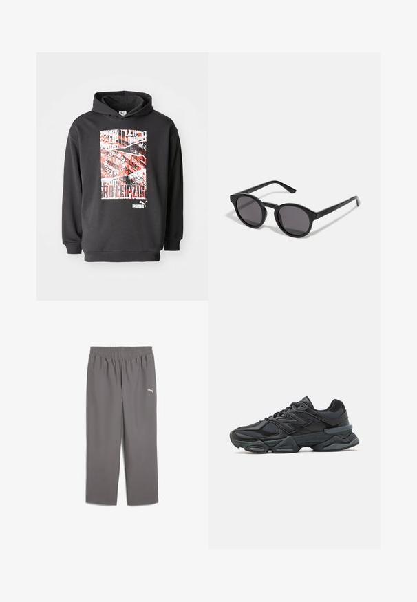 Črna kapuca s pisanjem, ki vsebuje rdeče in bele napise ter vzorce; mehak material, rebrasti manšeti in rob.; Sive športne hlače z elastičnim pasom, izdelane iz lahkega materiala. Imajo majhen bel logotip na levi nogi.; Črne tekaške superge, ki združujejo mrežaste in sintetične materiale, imajo debel podplat, ukrivljen oblikovni slog ter izrazito blagovno znamko na strani.; Črne sončna očala z okroglim, rahlo valovitim okvirjem, temnimi lečami in ravnimi črnimi ročaji. Gladka, sijajna površina brez vidnih vzorcev.