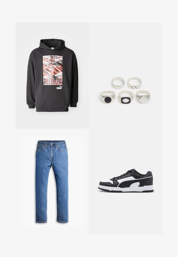 Schwarzer Kapuzenpullover mit einem grafischen Druck, der rot-weißen Text und Muster zeigt; weicher Stoff, gerippte Bündchen und Saum.; Blaue Jeans aus Denim mit geradem Schnitt, mit fünf Taschen, einem Knopfverschluss und orangefarbenen Nähten auf einem klaren weißen Hintergrund.; Schwarzer und weißer Sneaker mit einem Obermaterial aus Leder, strukturierten Akzenten, gepolsterter Zunge, Schnürdesign und einer Gummisohle mit Rillen.; Fünf silberne Ringe: einer mit einem schwarzen kreisförmigen Detail, einer mit einem weiß-schwarzen geometrischen Muster und andere mit verschiedenen Formen und Oberflächenbehandlungen.