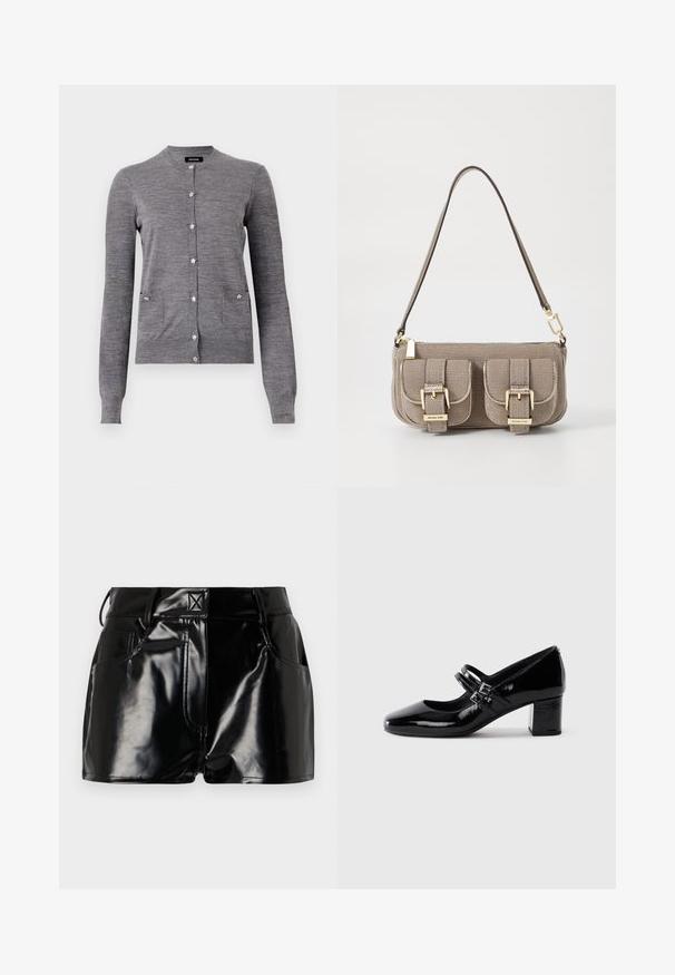 Cardigan gris hecho de un suave tejido de punto, con cuello redondo, mangas largas, botones en forma de estrella y dos bolsillos frontales.; Camisa blanca de manga larga hecha de algodón, con un cuello clásico, cierre de botones y un bolsillo en el pecho del lado izquierdo.; Shorts negros y brillantes de material sintético. Presentan una cintura ajustada, trabillas para el cinturón y bolsillos frontales con detalles de costura prominentes.; Zapato Mary Jane de charol negro con dos correas de hebilla y un tacón bajo en fondo blanco.; Bolso de mano texturizado en color beige con correa ajustable, dos bolsillos frontales asegurados por hebillas y acentos en dorado. Cierre con cremallera en la parte superior.