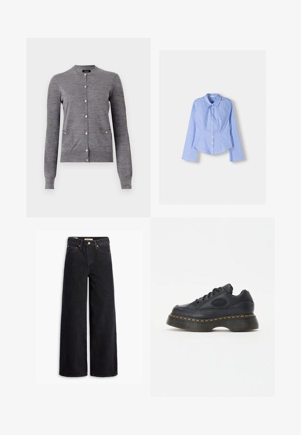 Grey cardigan made from soft knit fabric, featuring a round collar, long sleeves, star-shaped buttons, and two front pockets.; Blue and white striped long-sleeve button-up shirt with a spread collar, tailored fit, and curved hemline. Textured cotton material.; Black wide-leg jeans made of denim, featuring five pockets, copper rivets, and a classic button closure. Smooth texture with a clean design.; Black leather sneaker with textured finish, round toe, and thick platform sole. Features yellow accent stitching and branded side logo.