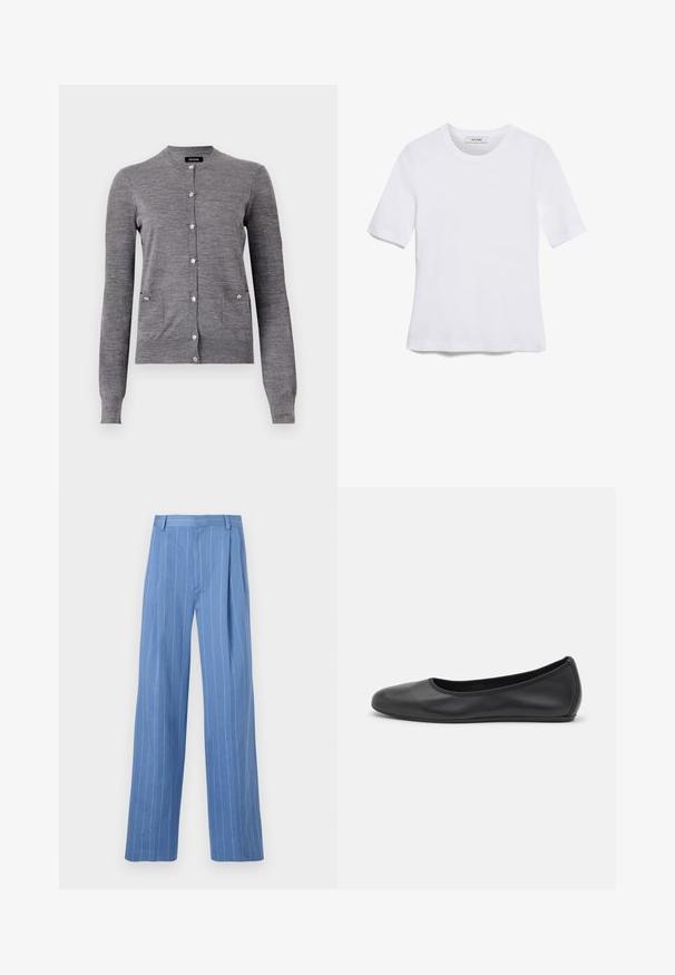Cardigan cinza feito de tecido de malha suave, com colarinho redondo, mangas longas, botões em forma de estrela e dois bolsos frontais.; T-shirt de manga curta branca feita de tecido canelado. Decote redondo, ajuste regular e detalhes de costura subtis. Sem padrões ou gráficos.; Calças largas de treino azul claro com riscas brancas verticais. Feitas de material liso, apresentam um plissado frontal e um design de cintura limpa.; Bailarina preta em pele com bico arredondado, textura suave, detalhe de costura minimalista e design de sola flexível.