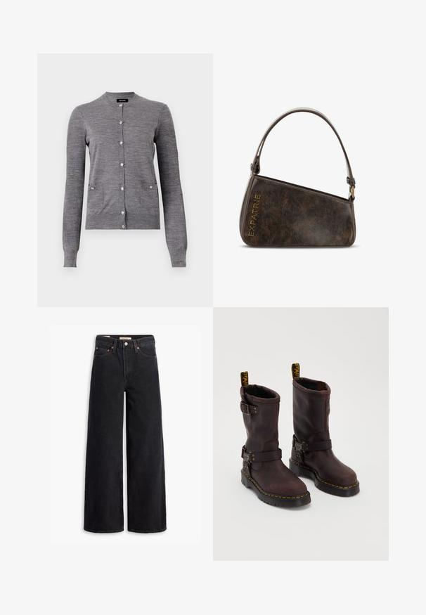 Grauer Cardigan aus weichem Strickstoff, mit rundem Kragen, langen Ärmeln, sternförmigen Knöpfen und zwei Fronttaschen.; Schwarze weite Jeans aus Denim mit fünf Taschen, Kupferrivets und einem klassischen Knopfverschluss. Glatte Textur mit einem klaren Design.; Braune Lederstiefel mit einem Design bis zur Mitte des Wadens, ausgestattet mit einem Riemen und einer Schnalle, einer dicken schwarzen Sohle und gelben Nähakzenten.; Braune Kunstleder-Handtasche mit einem kantigen Design, ausgestattet mit einem kurzen Griff, bronzenen Hardware und dem eingeprägten Text "EXPATRIE" in Gold.