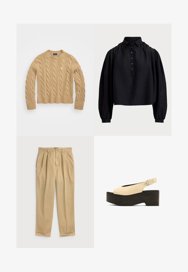 Polo Ralph Lauren CLASSIC LONG SLEEVE - Svetr - camel melange; Černý zkrácený top z měkké látky, s knoflíkovou légou, vysokým límcem a nafouklými dlouhými rukávy s přiléhavými manžetami.; Světle béžové bavlněné kalhoty s volným střihem, které mají přední záhyby, boční kapsy a manžetu na dolním okraji.; Béžové semišové platformové sandály s otevřenou špičkou, designem se slingback a tmavým dřevěným podstavcem, s kovovou sponou pro nastavení.