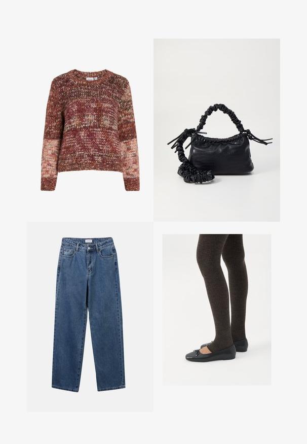 Suéter de malha em tons mistos de vermelho, laranja e creme. Apresenta um decote redondo, mangaslongas e um padrão texturizado em todo o seu comprimento.; Jeans de denim azul clássicos com um design de perna reta, cinco bolsos e fecho de botão. Apresenta um tratamento médio e uma textura resistente.; Sapatos planos pretos com um pequeno laço na ponta, emparelhados com meias-calças caneladas castanhas escuras. Os sapatos têm uma textura suave e um design discretamente baixo.; Bolsa de mão em couro sintético preto com textura de crocodilo, topo franzido e alça enrugada. Apresenta um design suave e compacto.