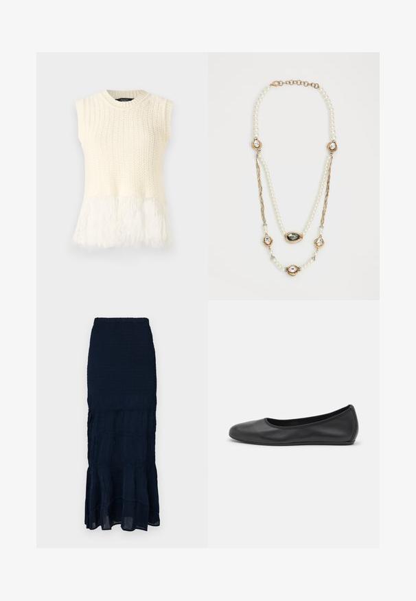 Top senza maniche in crema, con un corpo texturizzato e un orlo morbido e soffice. Il colletto è rotondo con dettagli a coste.; Gonna midi blu navy arricciata con orlo a balze a più strati e tessuto strutturato. Vita elasticizzata per una vestibilità regolabile.; Pantofole da balletto nere in pelle con punta arrotondata, texture liscia, dettagli di cucitura minimi e design con suola flessibile.; Collana di perle con accenti dorati, tre impostazioni incastonate di gemme e una sezione a catena intrecciata. La palette di colori include bianco e oro.