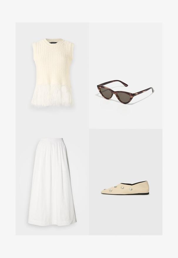 Bez piedurknēm adīta blūze krēmkrāsā, ar strukturētu virsmu un mīkstu, pūkainu apakšmalu. Apkakle ir apaļa ar ribotas detaļas.; Balta blūze ar frillētām īsām piedurknēm, teksturētu audumu, dziļu V veida izgriezumu ar saišu priekšpusē un pakāpeniskām frillēm ap apakšmalu.; Baltas maksi svārki, kas izgatavoti no viegla auduma, ar savilktu elastīgu jostasvietu un plūstošu siluetu bez redzamām rakstu zīmēm.; CLOSED Balerīnas laiviņas - ecru; Kaķa acs saulesbrilles ar tumšiem objektīviem un bruņurupuča rakstu. Izgatavotas no viegla plastika, ar šaurām kājām un logotipa detāli.; Austēta auduma rokassoma olīvu zaļā krāsā ar plašu, noapaļotu formu un vienu pagarinātu roku pārnēsāšanai. Tekstūrēta virsma.