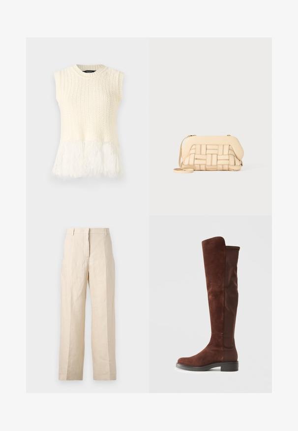 Bez piedurknēm adīta blūze krēmkrāsā, ar strukturētu virsmu un mīkstu, pūkainu apakšmalu. Apkakle ir apaļa ar ribotas detaļas.; Bežīgas lina bikses ar brīvu piegriezumu, krokām priekšā un taisnām kājām. Piedāvā jostu ar cilpiņām un bez redzamām kabatām.; Augstas brūnas zamšā un audumā izgatavotas zābakus ar zemu melnu papēdi un noapaļotu purngalu, attēlotas sānos uz vienkrāsu baltā fona.; Austākts bežs rokassoma ar strukturētu dizainu, kurai ir gluda virsma un garš siksna. Tekstūras detalizācija uzlabo kopējo izskatu.