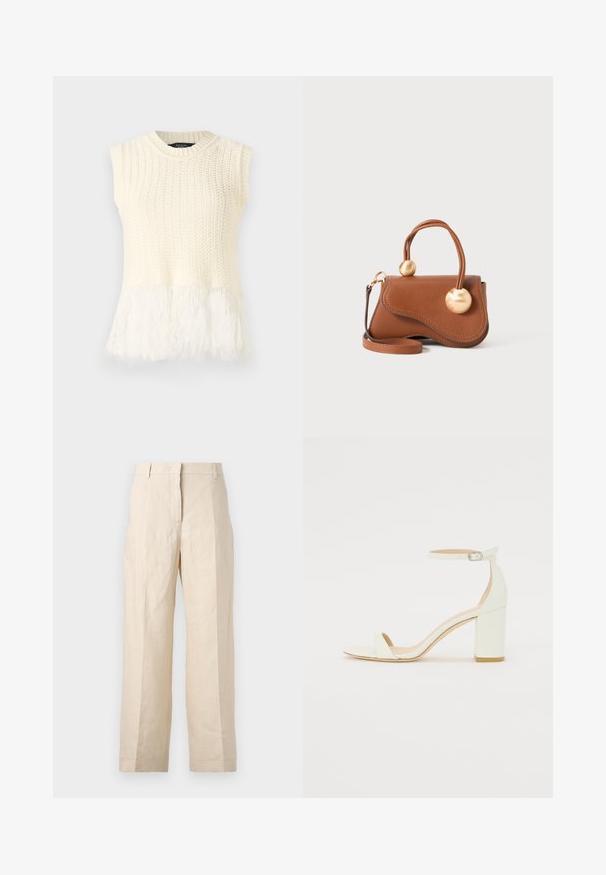 Kreemist värvi ilma varrukateta kudum, millel on tekstureeritud keha ja pehme, kohevi äärisega. Kaelus on ümar ja ribakujundusega.; Bež linasest püksid, millel on lõtv istuvus, volditud eesmine osa ja sirged jalad. Omab vööd, millel on vöökohaga silmused, ja nähtavaid taskuid ei ole.; Valge nahast takjakandiga sandaal, millel on kinnitusrihm ja minimalistlik disain. Avatud varvastes ja sileda pinnaga.; Pruun nahast käekott lainekujulise disainiga, millel on kaks ümmargust kuldset aksessuaari ja eemaldatav õlavarre rihm mitmekesiste kandmisvõimaluste jaoks.