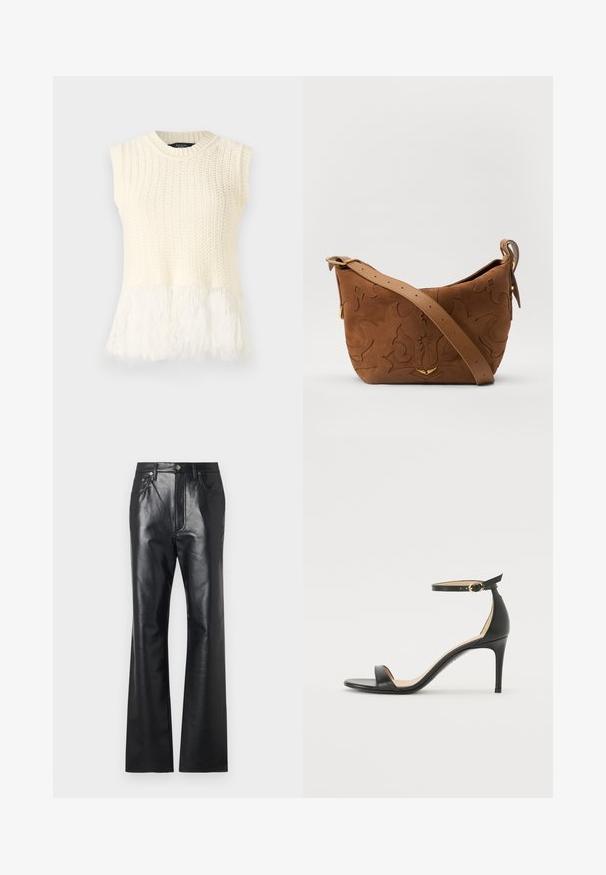 Top senza maniche in crema, con un corpo texturizzato e un orlo morbido e soffice. Il colletto è rotondo con dettagli a coste.; Pantaloni in pelle nera con una texture liscia, design a gamba svasata, zip frontale e passanti per cintura. Presentano accenti di cuciture sottili.; Sandal in pelle nera con tacco alto e cinturino alla caviglia. Caratteristiche: texture liscia, punta aperta e tacco sottile. Dettaglio con fibbia tono oro.; Borsa a spalla in suede marrone con design floreale impresso, completata da una morbida tracolla in pelle marrone e dettagli in metallo dorato.