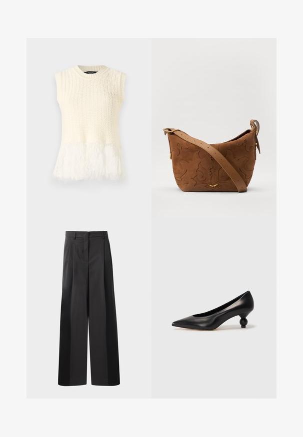 Beżowy top bez rękawów z dzianiny, z fakturowanym przodem i miękkim, puszystym dołem. Dekolt okrągły z żebrowanym wykończeniem.; Czarne szerokie spodnie z wysokim stanem, z przodu z fałdami, o gładkiej fakturze i dopasowanym wykończeniu. Zaprojektowane z myślą o luźnym kroju.; Czarna skórzana szpilka z ostrym czubkiem i okrągłym, kulistym obcasem. Gładka tekstura z eleganckim, minimalistycznym wzornictwem.; Brązowa zamszowa torba na ramię z wytłoczonym kwiatowym wzorem, uzupełniona gładkim, brązowym skórzanym paskiem i akcentami w kolorze złota.