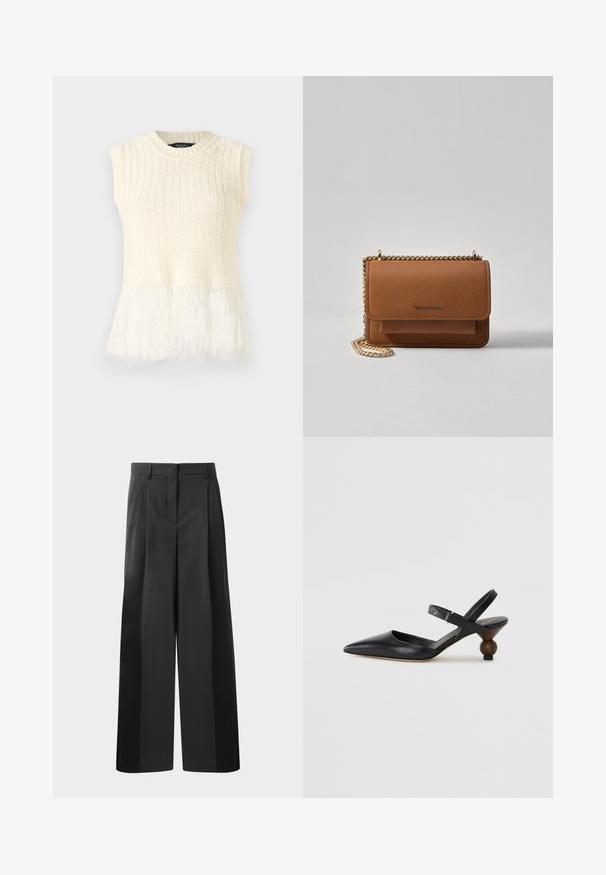 Ärmelloses gestricktes Oberteil in Creme, mit einem strukturierten Körper und einem weichen, flauschigen Saum. Der Ausschnitt ist rund und mit Rippendetails versehen.; Schwarze, weit geschnittene Hose mit hoher Taille, versehen mit Frontfalten, einer glatten Textur und einem maßgeschneiderten Finish. Entworfen für eine lockere Passform.; Schwarzer Leder-Slingback-Schuh mit einer spitzen Zehe, geschwungenem Design und einem runden, holzähnlichen Absatz. Verfügt über einen schmalen Knöchelriemen.; Braune strukturierte Ledertasche mit goldener Kettenriemen und Klappenverschluss. Die Vorderseite zeigt ein Logo-Detail und eine Tasche unter der Klappe.