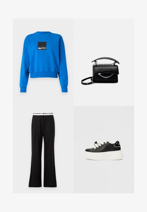 Sweatshirt azul cortado feito de tecido macio, apresentando um logo quadrado preto com texto branco, punhos e gola canelados.; Calças pretas com um corte descontraído, apresentando uma cinta elástica branca com marca. Feitas de um tecido suave com um leve brilho.; Sapatilha de couro preto com uma sola grossa branca e canelada, apresentando atacadores brancos e um detalhe de laço decorativo na lingueta.; Bolsa de couro preta com um design estruturado, detalhes em corrente e alça, e uma superfície texturizada. Apresenta um fecho de aba com a marca visível.