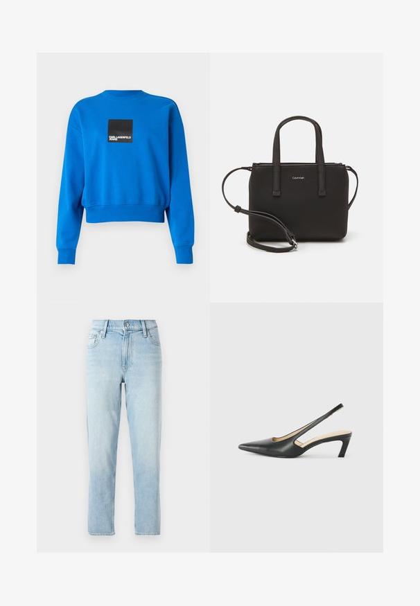 Skrócona niebieska bluza z miękkiego materiału, z czarnym kwadratowym logo i białym napisem, z prążkowanymi mankietami i dekoltem.; Jasnoniebieskie dżinsy, prosty krój nogawek, średni stan, z pięcioma kieszeniami i zapięciem na guzik z przodu.; Czarny but na obcasie typu slingback z ostro zakończonym noskiem, z niskim obcasem, wykonany z gładkiej skóry, z wycięciem po boku dla lepszej wentylacji.; Czarna torebka z dwoma krótkimi uchwytami i odpinanym paskiem na ramię. Gładki materiał przypominający skórę, z zamkiem błyskawicznym i detalem z logo.