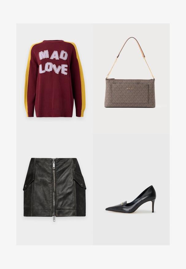 Strickpullover in Burgunderrot mit gelben Schulterstreifen. Mit "MAD LOVE" in strukturierten, gestickten Buchstaben. Rippbündchen und Saum.; Hellblaues, langärmliges, tailliertes Hemd mit spitzem Kragen und verdeckten Knöpfen an der Vorderseite, taillierter Schnitt und mit Knöpfen an den Manschetten.; Schwarzer Leder-Minirock mit einem Reißverschluss vorne, zwei seitlichen Taschen und einer glatten Textur. Verfügt über verstärkte Nähte und ein strukturiertes Design.; Schwarzer Lederpumps mit spitzer Zehe, niedrigem Vamp und dekorativem goldenen Akzent. Verfügt über einen Stiletto-Absatz und eine glatte Textur.; Braune rechteckige Michael Kors Tasche mit sich wiederholendem Logo-Muster, goldener Kettenriemen mit Leder-Schulterpolster und Vordertasche mit dem Markennamen.