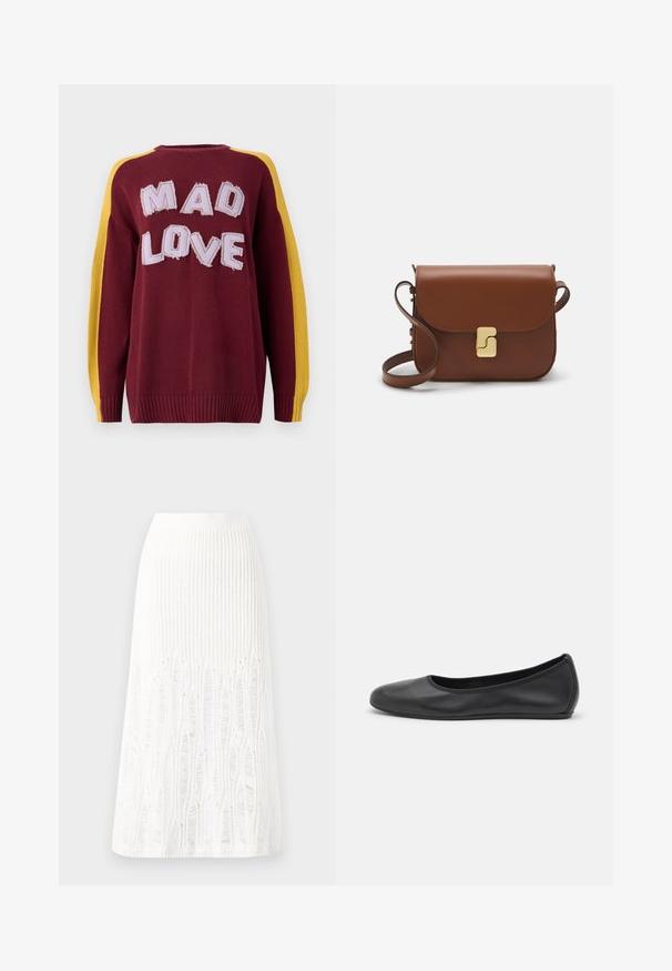 Adīts džemperis bordo krāsā ar dzeltenām plecu svītrām. Uzraksts "MAD LOVE" izšūtiem burtiem ar reljefu. Riboti piedurkņu gali un apakša.; Adīts balts midi svārki ar teksturētu rakstu, kas ietver vertikālas līnijas un izgriezumus pie apakšmalas. Elastīgs vidukļa jostasvads. Mīksts materiāls.; Melna ādas baleta kurpe ar noapaļotu purngalu, gludu tekstūru, minimālu šuvju detalizāciju un elastīgu zoles dizainu.; Bordo ādas rokas soma ar atloku, zeltītām detaļām, plecu siksnu un gludu virsmu. Kompakta, taisnstūrveida forma.