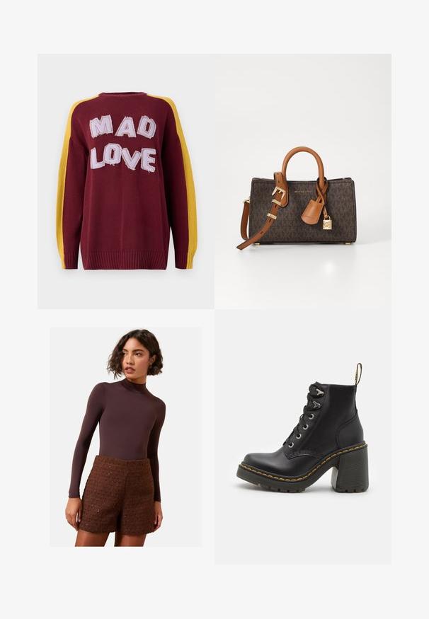 Maglione lavorato a maglia color bordeaux con strisce gialle sulle spalle. Presenta la scritta "MAD LOVE" in lettere cucite in rilievo. Polsini e fondo a costine.; Body a maniche lunghe marrone abbinato a pantaloni corti in maglia marrone testurizzata. Il body ha un collo alto, mentre i pantaloni corti presentano un design strutturato.; Stivaletto in pelle nera con tacco alto chunky, lacci frontali, occhielli in metallo e cuciture gialle lungo la suola. Suola in gomma testurizzata.; Borsa monogrammata marrone con dettagli in pelle beige, doppi manici e tracolla regolabile. Presenta un lucchetto dorato e un'etichetta del marchio.