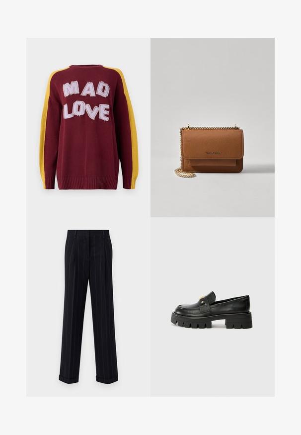 Gebreide sweater in bordeaux met gele schouderstreepjes. Bevat "MAD LOVE" in textuur, gestikte letters. Geribbelde manchetten en zoom.; Zwarte broek met streepjes in een getailleerde pasvorm, voorzien van een omgeslagen zoom en voorplooien. Gemaakt van een gladde stof met een gestructureerd ontwerp.; Zwarte leren instappers met een chunky zool, met een goudkleurige accent aan de voorkant en een gladde afwerking. Chunky profielontwerp op de zool.; Bruine lederen schoudertas met textuur, voorzien van een gouden kettingstrap en klepsluiting. De voorkant heeft een logo-detail en een zak onder de klep.