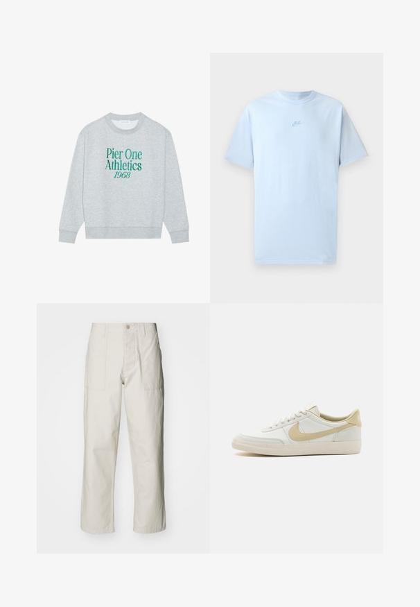Gray sweatshirt with a crew neck, featuring green embroidered text: "Pier One Athletics 1968" on the front. Long sleeves, ribbed cuffs.; Sky blue cotton t-shirt with short sleeves, crew neck, and embroidered Nike logo in a slightly darker blue on the chest.; Light beige wide-leg pants made of cotton. Features front pockets and a button closure. Smooth texture with subtle vertical lines.; White leather sneaker with off-white sole, light beige accents, and textured surface. Features central lacing and prominent side logo.