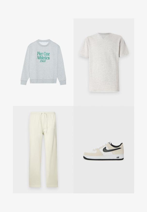 Sweatshirt cinza com gola redonda, apresentando texto bordado em verde: "Pier One Athletics 1968" na frente. Manga longa, punhos canelados.; T-shirt cinza de manga curta, feito de um tecido suave. Apresenta um clássico decote redondo e um corte descontraído com uma textura mesclada subtil.; Calças de treino bege claro com cintura ajustável por cordão, feitas de material macio. Apresentam um discreto logótipo Nike branco na coxa esquerda.; Sapatilhas com parte superior em camurça bege claro e couro branco, swoosh da Nike em preto, detalhes em preto e uma sola de borracha branca com a marca "AIR".