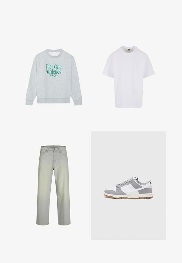 Felpa grigia con colletto rotondo, caratterizzata da testo ricamato verde: "Pier One Athletics 1968" sulla parte frontale. Maniche lunghe, polsini a costine.; T-shirt bianco in cotone con scollo rotondo, maniche corte e orlo diritto. Il tessuto sembra liscio con una vestibilità classica e rilassata.; Jeans grigio chiaro, aderenti dritti con un classico design a cinque tasche, chiusura a bottone e passanti per cintura. Realizzati in tessuto denim con una trama liscia.; Sneaker grigia e bianca con tomaia in suede e pelle, punta arrotondata, lacci piatti e soletta in gomma con un accento color caramello.