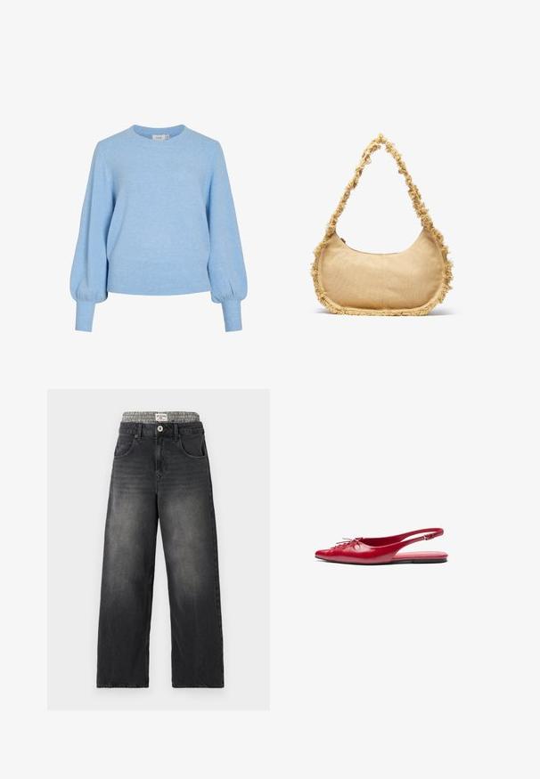 Svetlo modra pletena pulover z okroglim izrezom, dolgimi napihnjenimi rokavi in ribjastimi manžetami ter robom. Mehka tekstura, sproščen fit.; Črne denim široke hlače z pasom v vzorcu houndstooth. Lastnosti vključujejo sprednje žepe in zapiranje na gumb. Imajo obrabljeno teksturo.; Rdeče usnjene balerinke s prstnim koncem in okrasnim vezanjem spredaj, opremljene s slim trakovi okoli gležnja in ravnim podplatom.; Strukturirana bež torba zaokroženog oblika, s isfrcanim rubovima, i kratkim remenom za nošenje. Zatvaranje na donjem dijelu.