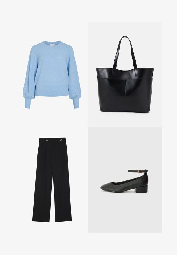Ljusblå stickad tröja med rund halsringning, långa puffärmar och ribbade muddar och nederkant. Mjuk textur, avslappnad passform.; Svarta vida byxor med hög midja, knäppdetaljer i midjan och framfickor.; Svart läderpump med spetsig tå och en låg klack. Har en ankelsnodd med en guldtonad spänne. Slät textur.; Svart läder tote-väska med två långa handtag, en slät yta och en strukturerad form. Har en framficka för extra förvaring.