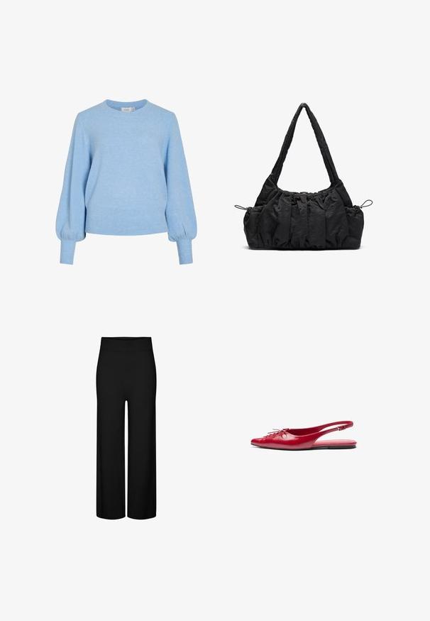 Light blue knitted sweater with a round neckline, long puffed sleeves, and ribbed cuffs and hem. Soft texture, casual fit.; Black wide-leg trousers with a stretchy waistband, featuring a smooth texture and no visible patterns or accents.; Red leather slingback flat shoe with a pointed toe and a decorative lace-up detail on the front, featuring a slim ankle strap and flat sole.; Black fabric handbag with gathered texture, two shoulder straps, and drawstring closure on sides. Smooth, lightweight material.