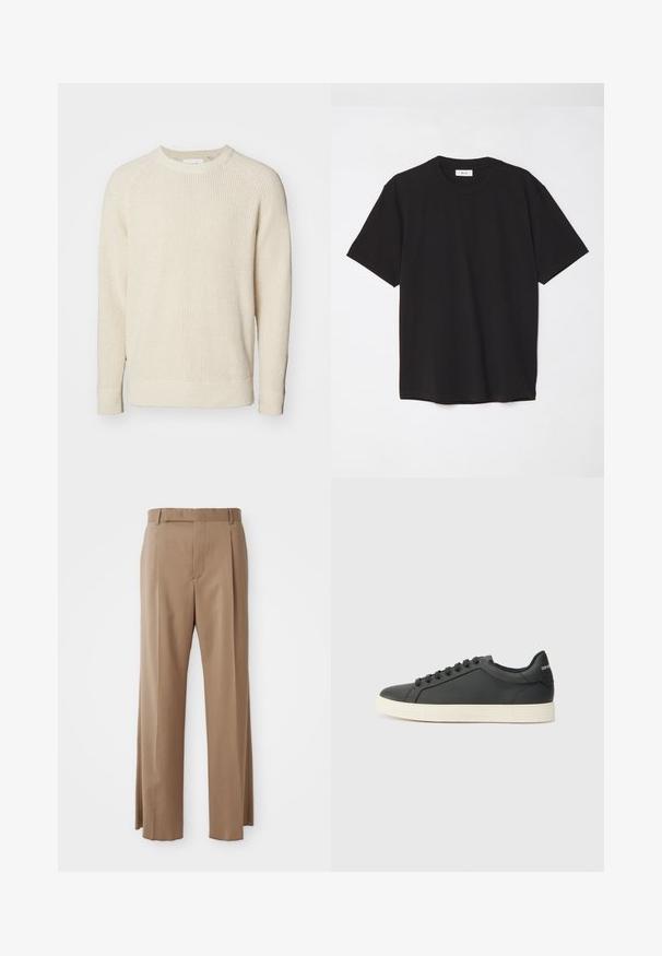 Svijetlo bež pulover s rebrastom teksturom, okruglim izrezom i dugim raglan rukavima. Bočni prorezi na rubu za veću slobodu kretanja.; Crna pamučna majica sa okruglim izrezom, kratkim rukavima i opuštenim krojem. Jednostavan dizajn, glatka tekstura i bez vidljivih uzoraka ili logotipa.; Svijetlosmeđi krojeni hlače ravnih nogavica, s petljama za remen, prednjim šavom i skrivenim kopčanjem, prikazane ravno na bijeloj pozadini.; Crna kožna tenisica s niskim profilom, zaobljenim prstima i vezanjem; ima teksturiranu gumenu potplatu i detalj s logotipom na peti.
