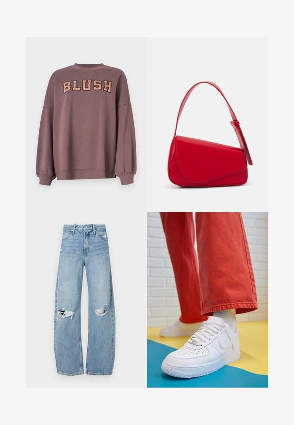 Sweatshirt roxo com decote redondo, ombros caídos e mangas longas. "BLUSH" em letras bordadas bejes na parte da frente.; Jeans de lavagem clara, de cintura alta, feitos de denim. Apresentam pernas largas, duas áreas rasgadas nos joelhos e o estilo clássico de cinco bolsos.; Sapatilha de couro branca com biqueira perfurada, sola texturizada e atacadores brancos, combinada com calças largas vermelhas e um fundo azul e amarelo.; Bolsa de mão em couro vermelho com um design angular e geométrico. Apresenta uma única alça ajustável e um fecho com aba, com detalhes cosidos.