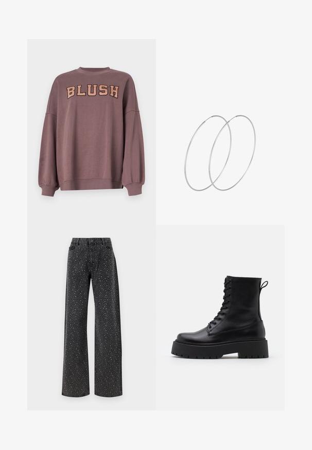 Sudadera púrpura con escote redondeado, hombros cayentes y mangas largas. "BLUSH" bordado en letras beige en la parte delantera.; Noisy May NMJANNEL LOOSE - Vaqueros boyfriend - black denim; Botas de cuero negras hasta el tobillo con punta redonda, cordones en la parte delantera y una suela de goma gruesa con un dibujo texturizado. Tirador en la parte trasera.; Pendientes de aro plateados con un diseño minimalista. Forma circular, textura suave y perfil delgado. Livianos con un acabado pulido.