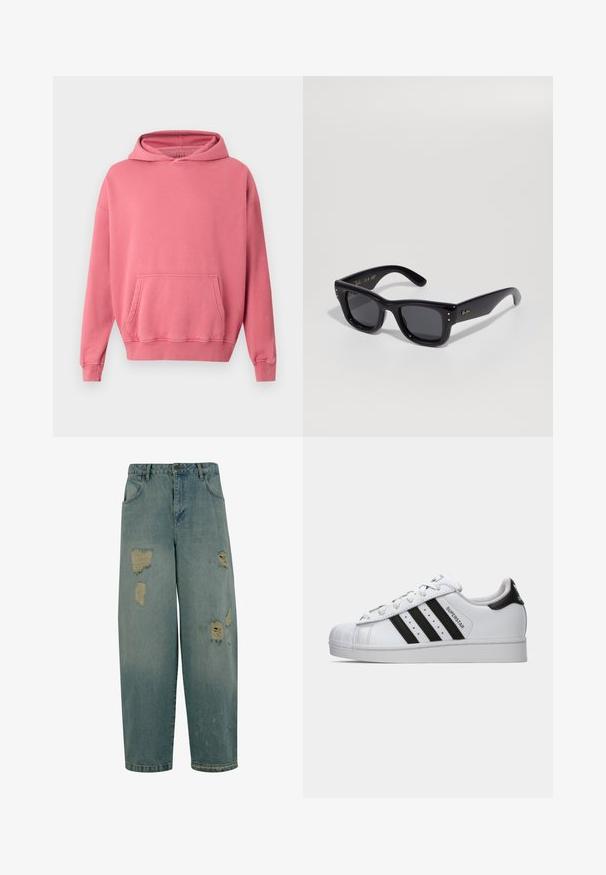 Pink hooded sweatshirt with a kangaroo pocket, ribbed cuffs, and hem. Made from soft, textured fabric. Simple design, no visible logos or patterns.; Light blue denim jeans with a relaxed fit, featuring multiple distressed patches and frayed edges. Classic five-pocket design.; White Adidas Superstar sneaker with black stripes, shell toe, and "Superstar" text on the side, shown in left profile on white background.; Black sunglasses with a glossy finish, rectangular frame, dark lenses, and gold logo accents on the temples. Two gold dots on each front corner.