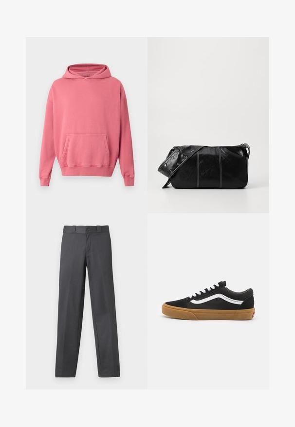 Sweat-shirt à capuche rose avec une poche kangourou, des poignets et un ourlet côtelés. Fabriqué en tissu doux et texturé. Design simple, sans logos ni motifs visibles.; Pantalon gris en tissu lisse, avec une coupe droite, une fermeture à bouton et des passants de ceinture ; coutures minimales et sans motifs.; Baskets en daim noir avec une rayure blanche sur le côté, lacets blancs et semelle en caoutchouc beige. Design classique basse avec des accents texturés et un bout arrondi.; Sac à épaule en cuir noir avec une fermeture éclair, doté d'un corps texturé, de coutures blanches et d'une sangle avec des œillets en argent.