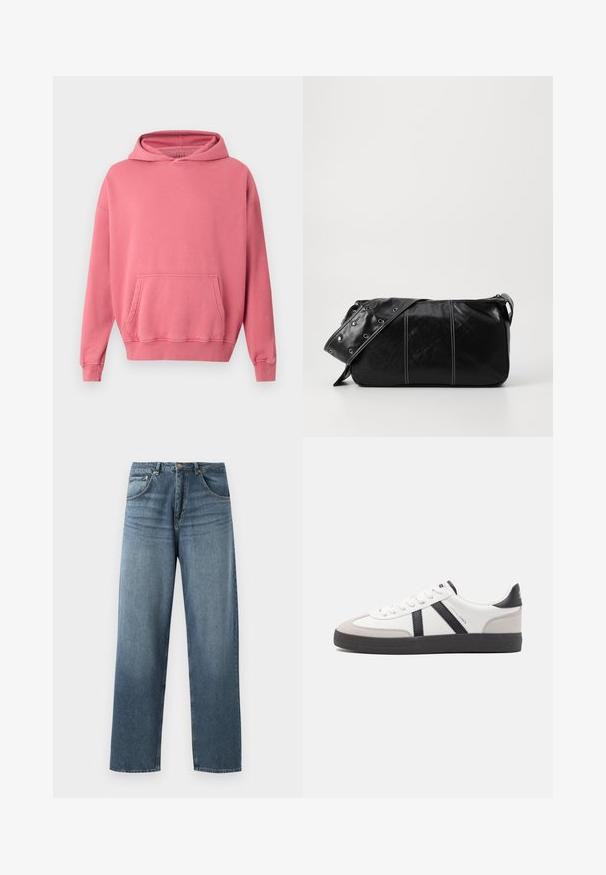 Roze capuchon sweatshirt met een kangoeroezak, ribgebreide manchetten en zoom. Gemaakt van zachte, gestructureerde stof. Eenvoudig ontwerp, geen zichtbare logo's of patronen.; Rechtaankomende blauwe spijkerbroek met een vervaagde was, voorzien van een vijfzakkenontwerp, metalen knoop en riemlussen. Gestructureerde, middelzware stof.; Witte sneaker met zwarte en grijze accenten, voorzien van een grijze neus met textuur, zwarte rubberen zool en platte witte veters. Schoon ontwerp, minimalistische stijl.; Zwarte leren schoudertas met een ritsluiting, voorzien van een gestructureerd lichaam, witte stiksels en een band met zilveren oogjes.