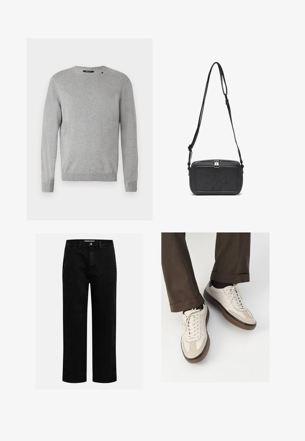 Hellgrauer Pullover mit langen Ärmeln, Rundhalsausschnitt, gestrickter Textur und einem schlichten Design mit einem kleinen Logo über der linken Schulter.; Schwarze Jeanshose mit geradem Schnitt, klassischem Fünf-Taschen-Design und einem Knopfverschluss an der Taille. Glatte Textur und strapazierfähiger Stoff.; Beige Sneakers mit einer strukturierten Wildlederfront, glatten Lederseiten und einer braunen Gummisohle. Bändel und helle Nähdetails sind enthalten.; Schwarze Leder-Crossbody-Tasche mit einem Reißverschluss, geprägtem Logo auf der Vorderseite und verstellbarem Riemen. Glatte Textur mit rechteckiger Form.