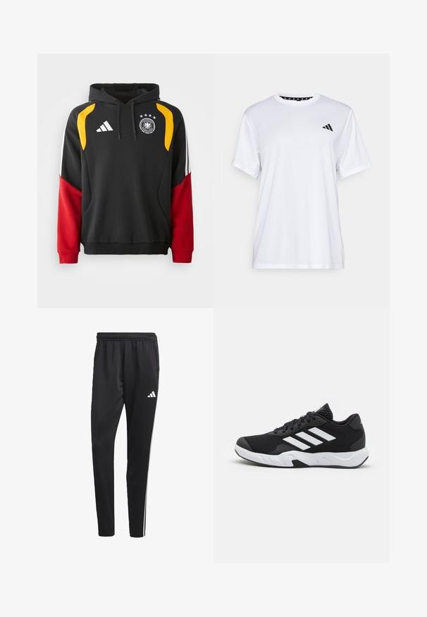 Zwarte hoodie met rode en gele accenten, voorzien van een voorzak, een trekkoordkap en het Duitse voetbalembleem met drie sterren.; Witte sport T-shirt met korte mouwen, gemaakt van vochtafvoerende stof. Heeft een zwart logo op de linkerkant van de borst en een gemusterde binnenhals.; Zwarte sportbroek met een rekbare tailleband, witte zijkanten en een klein wit logo op de dij. Gemaakt van een soepele, lichte stof.; Zwarte sportieve schoenen met een geperforeerde mesh bovenkant, witte accentstrepen, een gevoerde zool en een versterkte hiel voor extra ondersteuning.