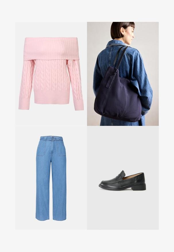 Váll nélküli rózsaszín pulóver bordás nyakkivágással, fonott mintával és hosszú ujjakkal. Puha tapintás és rövid fazon.; Világoskék farmer széles lábú nadrág övvel a deréknál, két elülső zsebbel és sima textúrával. Minimalista dizájnnal és letisztult vonalakkal rendelkezik.; Fekete bőr loaferek alacsony sarokkal, varrott mintával és slip-on stílussal, sima fehér háttér előtt.; Tengerészkék vászon válltáska, puha, struktúrált formával, fekete pánttal, varrott részletekkel és egy kis márkajelzéssel.