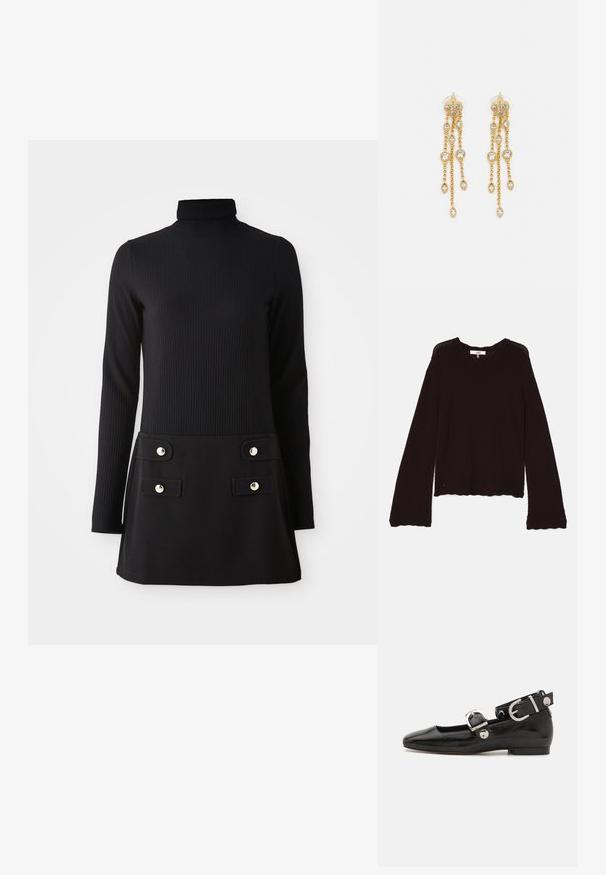 Maglione lavorato a maglia marrone scuro con scollatura a coste, maniche lunghe e orlo ondulato con motivo decorativo a traforo lungo i bordi.; Vestito nero a collo alto a coste con maniche lunghe, caratterizzato da un corpetto aderente e una gonna svasata con due tasche anteriori e bottoni dorati.; Scarpa flat in vernice nera con punta quadrata, cinturino alla caviglia con hardware in argento e suola piatta. Texture liscia con design minimalista.; Borsa a tracolla in pelle nera con dettagli a frangia, catena dorata e manico ritagliato. Presenta il logo sulla parte anteriore.; Orecchini dorati con molteplici catene a cascata, dotati di accenti in strass ovali trasparenti e parte superiore decorativa a perno.