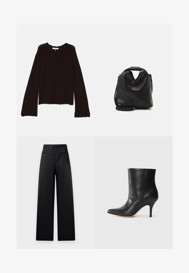 Dark brown knit sweater featuring a ribbed neckline, long sleeves, and scalloped hem with decorative openwork pattern along the edges.; Black wide-leg trousers featuring a flat front, two back pockets with buttons, and a smooth texture. Tailored design with a straight cut.; Black leather ankle boot with pointed toe, slim stiletto heel, and smooth texture. Minimalist design with no visible hardware or accents.; Black, soft leather bag with a unique twisted design. Features a short handle and a detachable shoulder strap. Minimalist style.