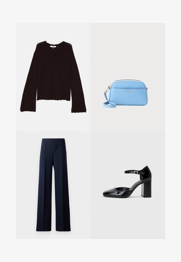 Sötétbarna kötött pulóver, bordázott nyakkal, hosszú ujjal és mintás, fogazott széllel, amely mentén díszes nyitott mintázat található.; Sötét navy színű, bő szárú nadrág, sima textúrával, enyhe elülső redőkkel és egyenes vonalú siluettel rendelkező, testhez simuló derékkal.; Fekete patent bőr, magas sarkú cipők négyzetes orral, bokapánttal és vastag sarkal. A szélén lyukacsos díszítéssel.; Világoskék bőr keresztpántos táska aranyszínű fémszerelvényekkel, cipzáras záródással és elülső zsebbel. Állítható pánttal rendelkezik a kényelmes viselet érdekében.