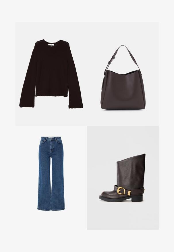 Pull en tricot brun foncé avec un col côtelé, des manches longues et un ourlet festonné orné d'un motif ajouré décoratif le long des bords.; Jean en denim bleu taille haute avec jambes larges, comprenant un design traditionnel à cinq poches, une fermeture à bouton en métal et des coutures contrastées.; Bottine en cuir marron foncé mi-mollet avec semelle noire, petit talon et sangle décorative dorée autour de la cheville, vue de côté.; Vero Moda VMLANE - Cabas - chocolate torte