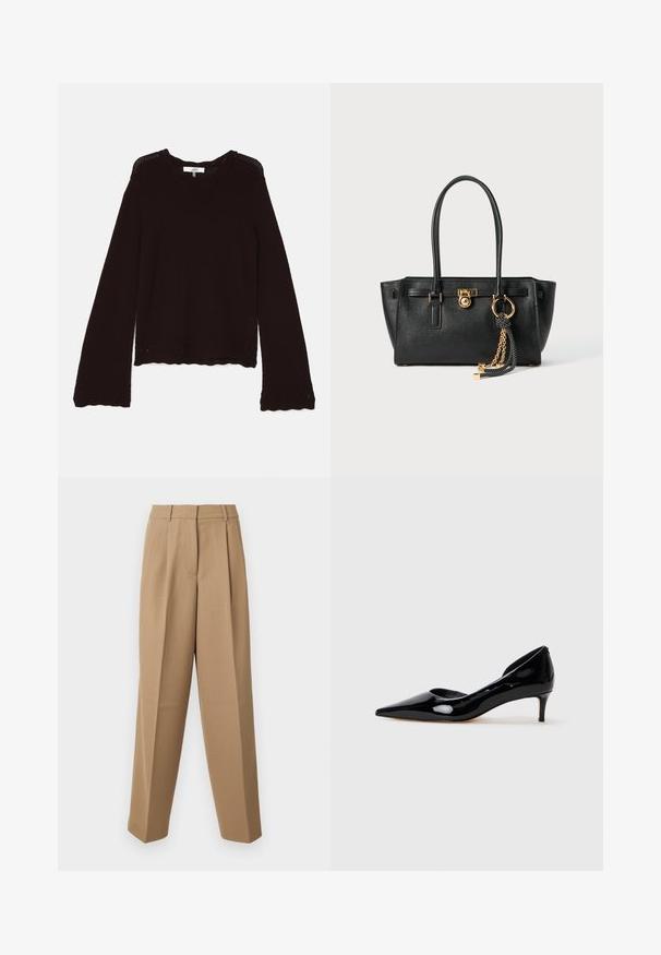 Ciemnobrązowy sweter dzianinowy z prążkowanym dekoltem, długimi rękawami i falbaniastym dołem z dekoracyjnym wzorem ażurowym wzdłuż krawędzi.; Beżowe spodni z wysokim stanem, z przodem plisowanym i szerokimi nogawkami. Materiał wydaje się gładki z delikatnym połyskiem.; Czarne lakierowane damskie buty na niskim obcasie w kształcie szpica, pokazane z profilu na jednolitym jasnoszarym tle.; Czarna skórzana torebka na podwójnych uchwytach, ze złotym zamkiem i łańcuszkiem, a także czarno-białym ozdobnym frędzlem na białym tle.